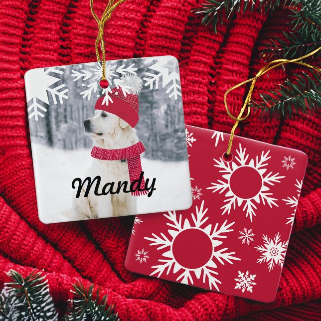 Family & Pet Photo Winter Hat & Scarf Snowflake Ceramic Ornament (Family & Pet Photo Winter Hat & Scarf Snowflake Ceramic Ornament)