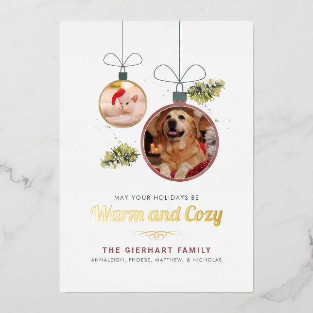 Family Pet Photos Modern Christmas Gold Foil Holiday Card (Front)