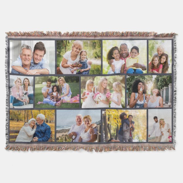 Family Photo 12 Picture Masonry Grid Grey Throw Blanket (Front)