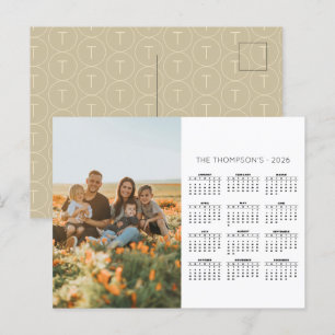 Family Photo 2026 Calendar 12 Month Monogram Holiday Postcard