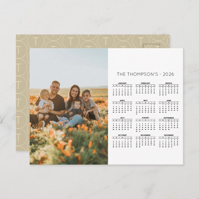 Family Photo 2026 Calendar 12 Month Monogram Holiday Postcard (Front/Back)