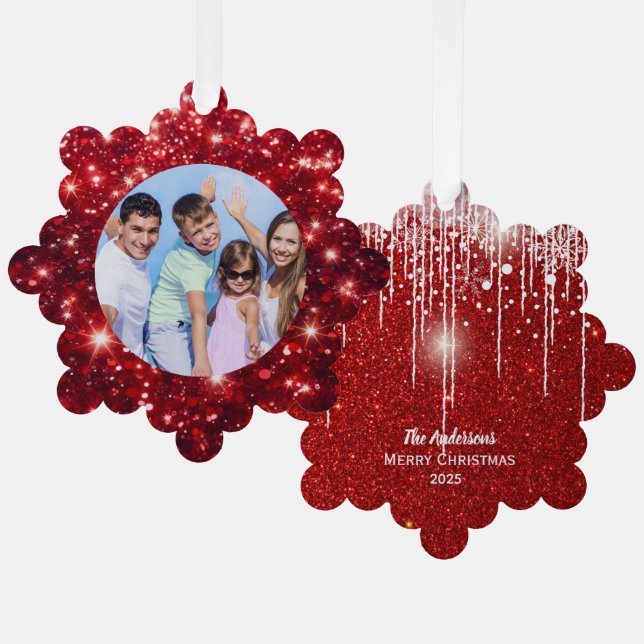 Family Photo and Name Red Glitter  Tree Decoration Card (Front/Back)