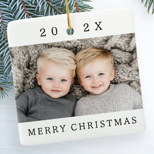 Family photo and year white Merry Christmas Ceramic Ornament