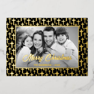Family Photo Auto Convert pic to Black and White Foil Holiday Card