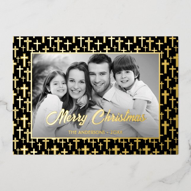 Family Photo | Auto Convert pic to Black and White Foil Holiday Card (Front)