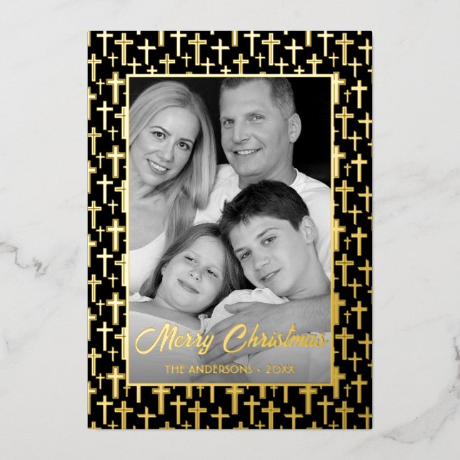 Family Photo | Auto Convert pic to Black and White Foil Holiday Card (Front)