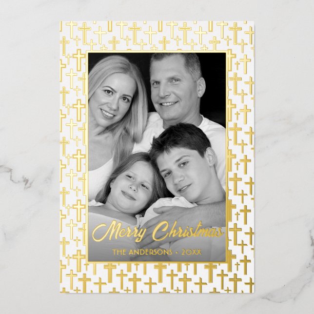 Family Photo | Auto Convert pic to Black and White Foil Holiday Card (Front)