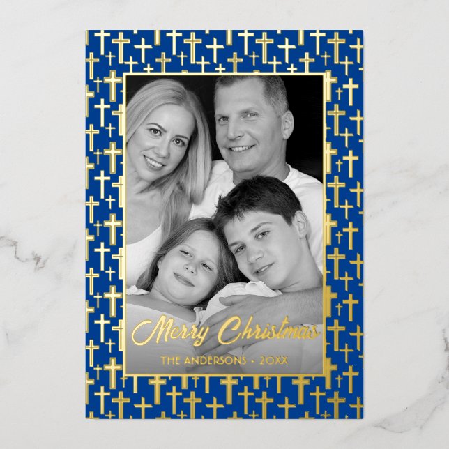 Family Photo | Auto Convert pic to Black and White Foil Holiday Card (Front)
