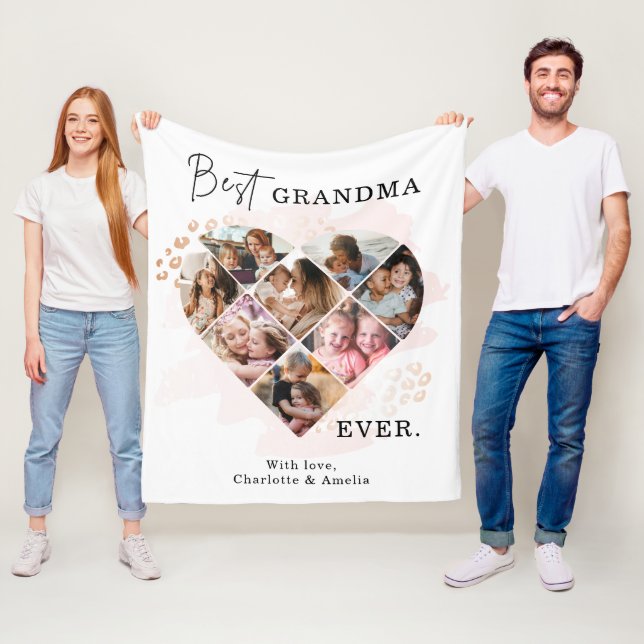 Family Photo Best Grandma Ever Heart Shape 8 Photo Fleece Blanket (In Situ)