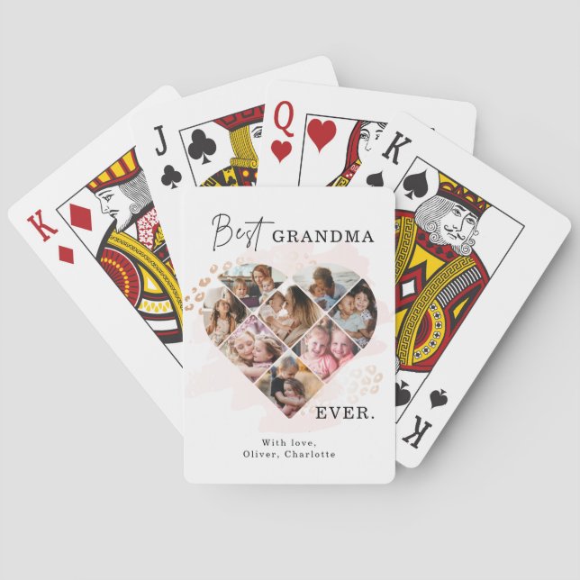 Family Photo Best Grandma Ever Heart Shape 8 Photo Playing Cards (Back)