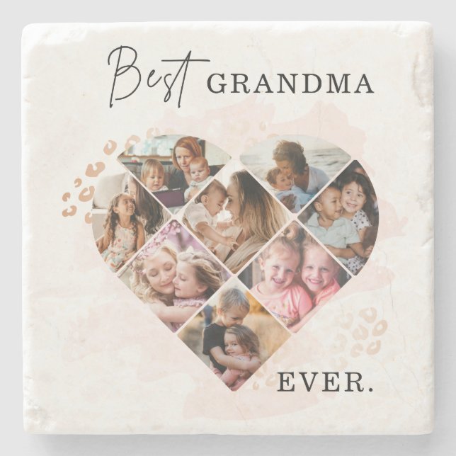 Family Photo Best Grandma Ever Heart Shape 8 Photo Stone Coaster (Front)