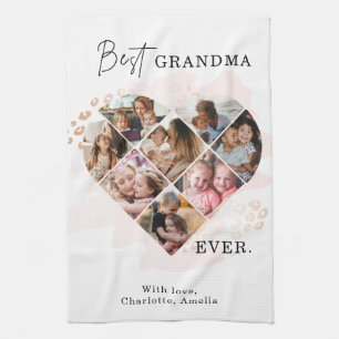 Family Photo Best Grandma Ever Heart Shape 8 Photo Tea Towel