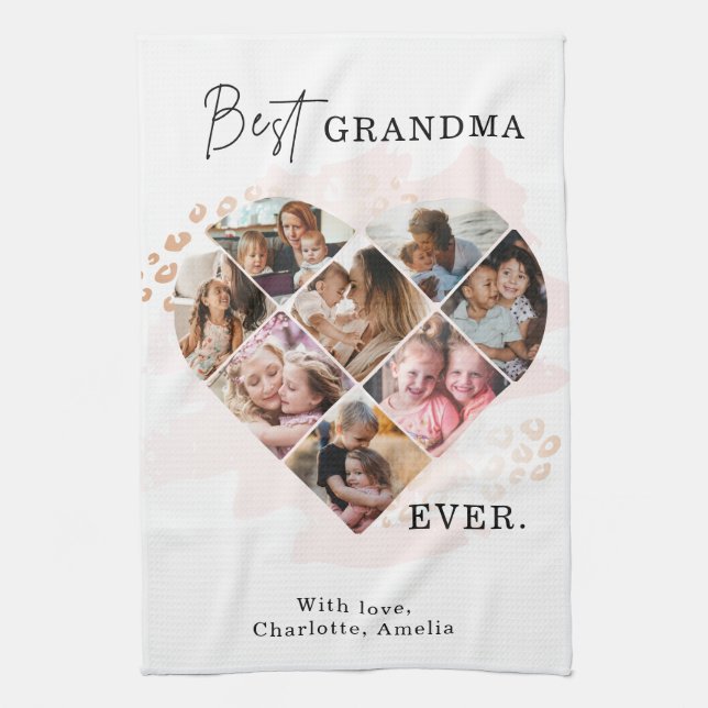 Family Photo Best Grandma Ever Heart Shape 8 Photo Tea Towel (Vertical)