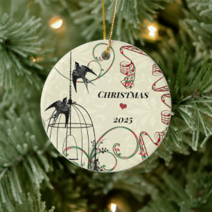 Family Photo Birds & Bird Cage on Damask Ceramic Tree Decoration