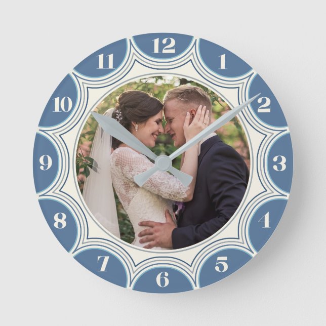 Family Photo Blue Coastal Sunburst Personalised Round Clock (Front)