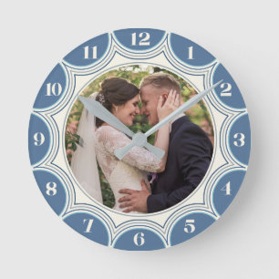 Family Photo Blue Coastal Sunburst Personalized Round Clock