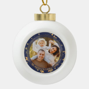 Family Photo Blue Gold Star Elegant Holiday Ceramic Ball Christmas Ornament