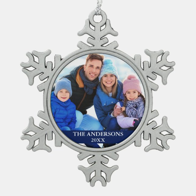 Family Photo Blue Snowflake Pewter Christmas Ornament (Front)