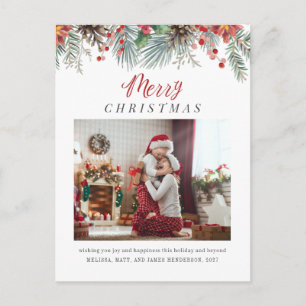 Family Photo Botanical Merry Christmas Holiday Postcard