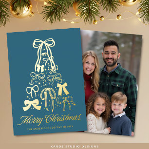 Family Photo Bows Blue Christmas Gold Foil Card