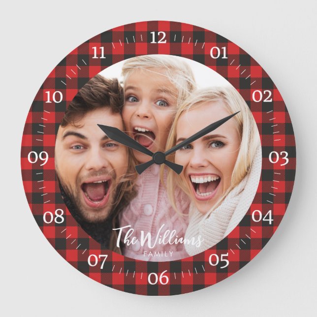 Family Photo buffalo plaid with Modern Script Large Clock (Front)