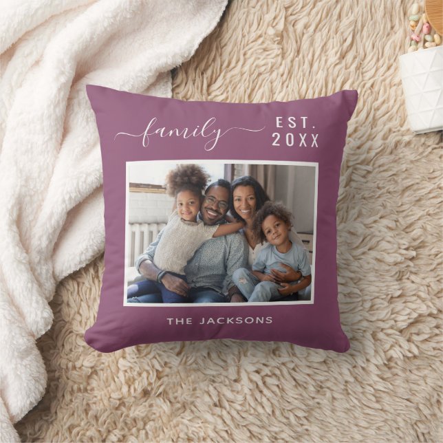 Family photo burgundy name script cushion (Blanket)