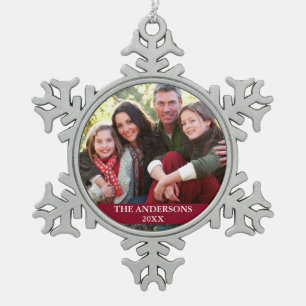 Family Photo Burgundy Snowflake Pewter Christmas Ornament