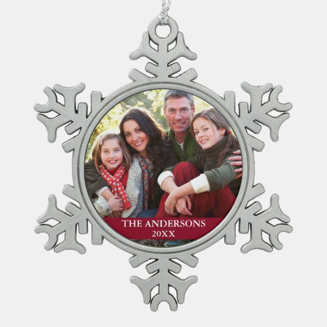 Family Photo Burgundy Snowflake Pewter Christmas Ornament (Front)