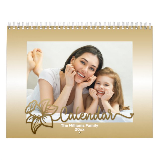 Family Photo Calendar, Editable Gold Flower Calendar (Cover)