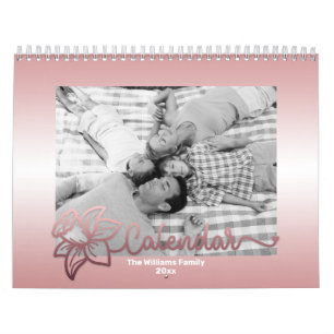 Family Photo Calendar, Editable Rosegold Flower Calendar