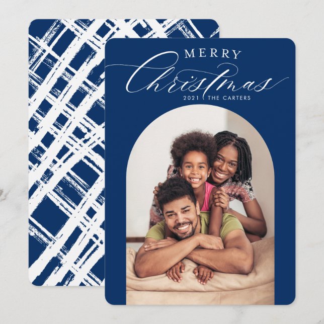 FAMILY PHOTO CARD merry christmas arch frame navy (Front/Back)