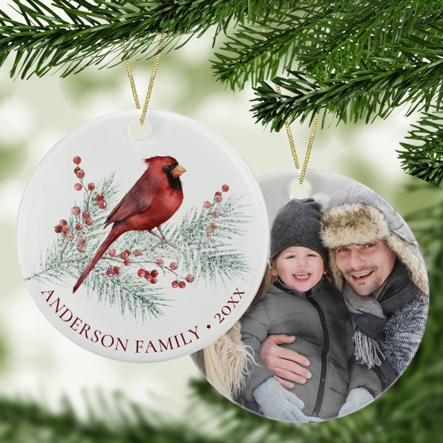 Family Photo Cardinal on Snowy Pine Christmas Ceramic Tree Decoration (Creator Uploaded)
