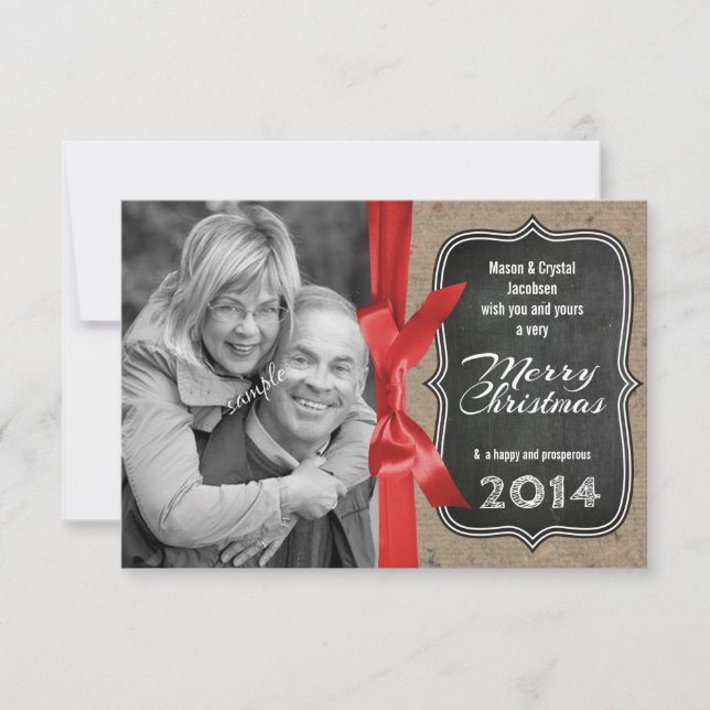 Family Photo Chalkboard and Ribbon Christmas Invitation (Front)