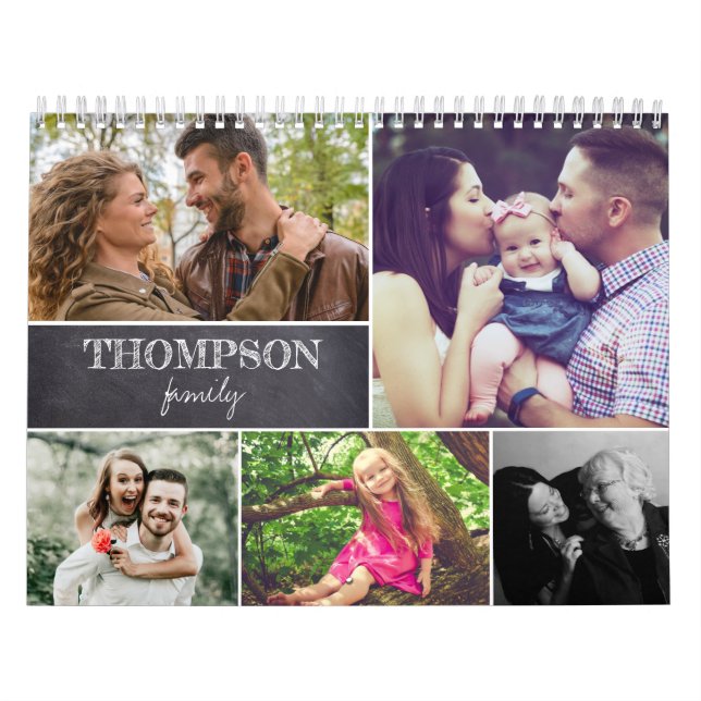 Family Photo Chalkboard Modern Collage Calendar (Cover)