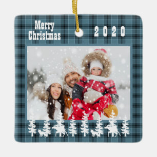 Family photo Christmas blue plaid country style Ceramic Ornament
