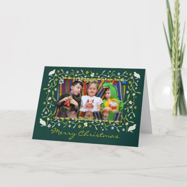 Family photo christmas card mistletoe stars green (Front)