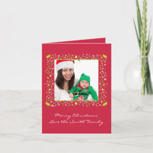 Family photo christmas card red mistletoe & stars