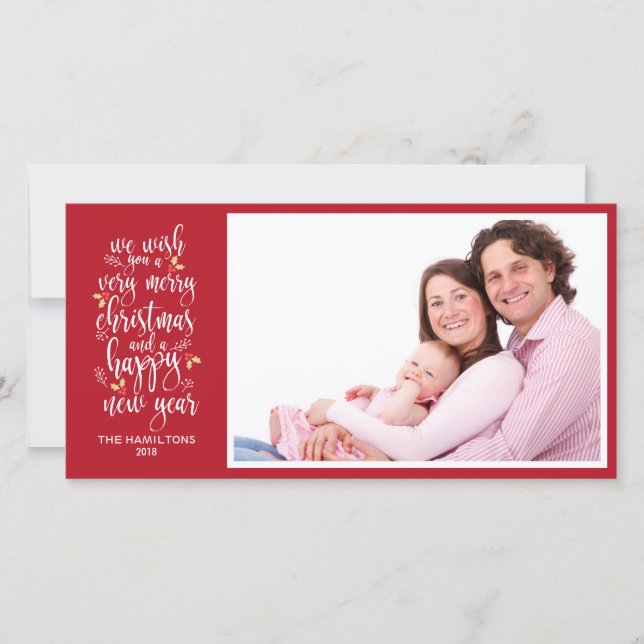 Family Photo Christmas Cards Cute Red White Script (Front)