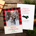 Family Photo Christmas Custom Red Flat Holiday Card<br><div class="desc">A traditional Christmas card template, ready for you to personalise with your own text and photo. This festive design, features a checked Buffalo Plaid pattern framing your photograph, and a vintage-style Scottie Dog illustration on the back. This is an editable template, so you can customise all the text and make...</div>