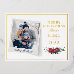 Family Photo Christmas Floral Script Foil Holiday Postcard