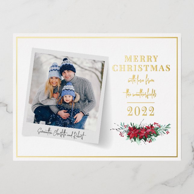 Family Photo Christmas Floral Script Foil Holiday Postcard (Front)