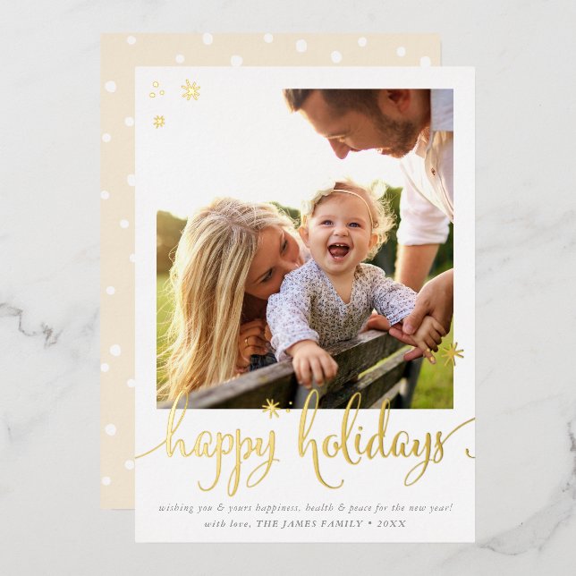 FAMILY PHOTO CHRISTMAS fun calligraphy happy Foil Holiday Card (Front/Back)