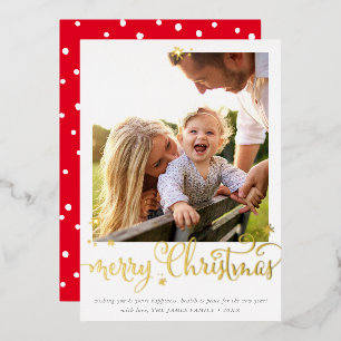 FAMILY PHOTO CHRISTMAS fun calligraphy merry red Foil Holiday Card