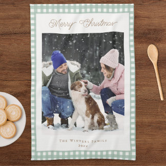 Family Photo Christmas Green White Gingham Tea Towel