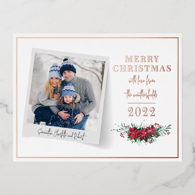 Family Photo Christmas Holidays Floral Rose Gold Foil Holiday Postcard (Front)