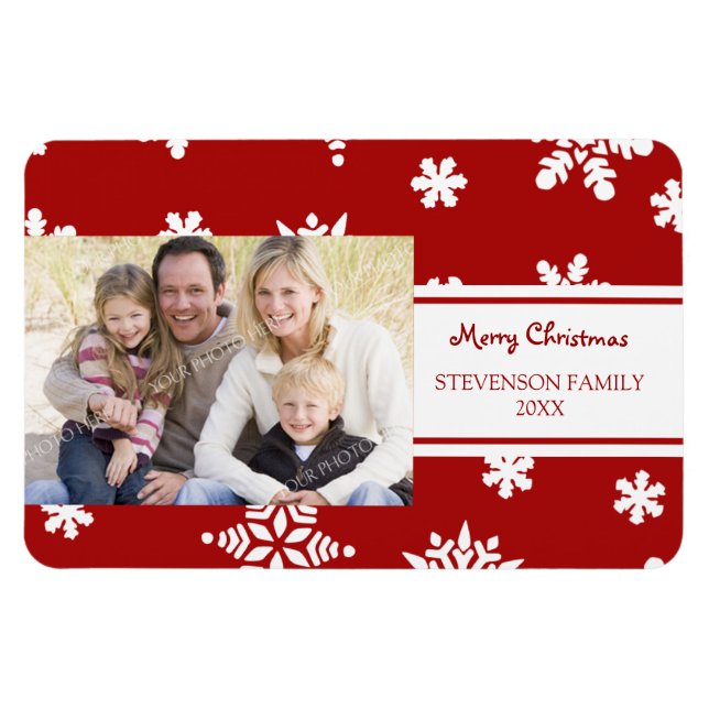Family Photo Christmas Magnet Red White Snow (Horizontal)