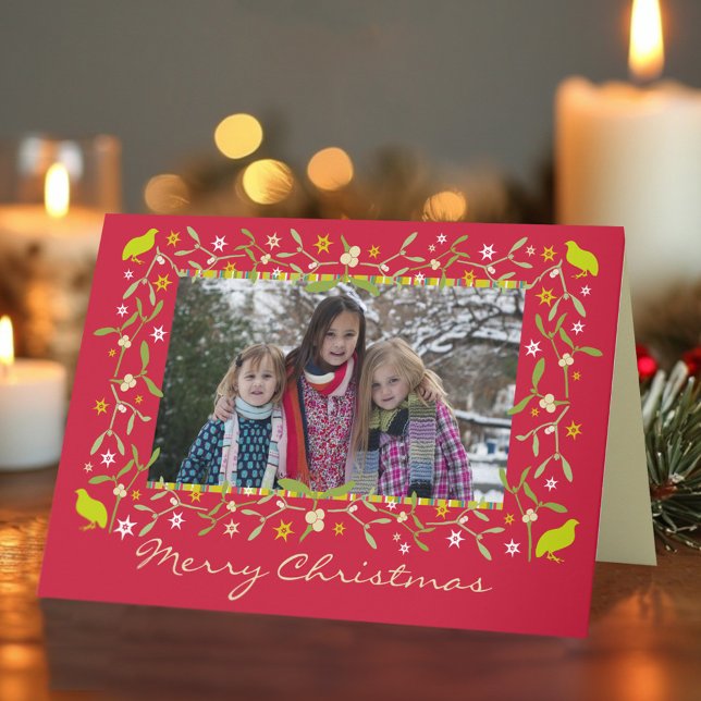Family photo christmas mistletoe stars red holiday card (Creator Uploaded)