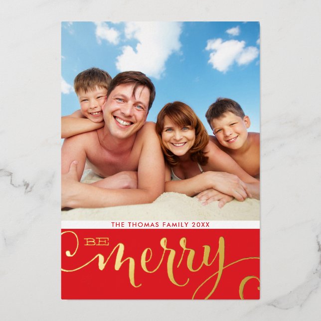 FAMILY PHOTO CHRISTMAS modern calligraphy merry Foil Holiday Card (Front)