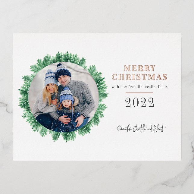 Family Photo Christmas Modern Rose Gold Foil Holiday Postcard (Front)