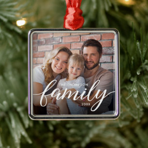 Family Photo Christmas Modern Script Personalized Metal Tree Decoration